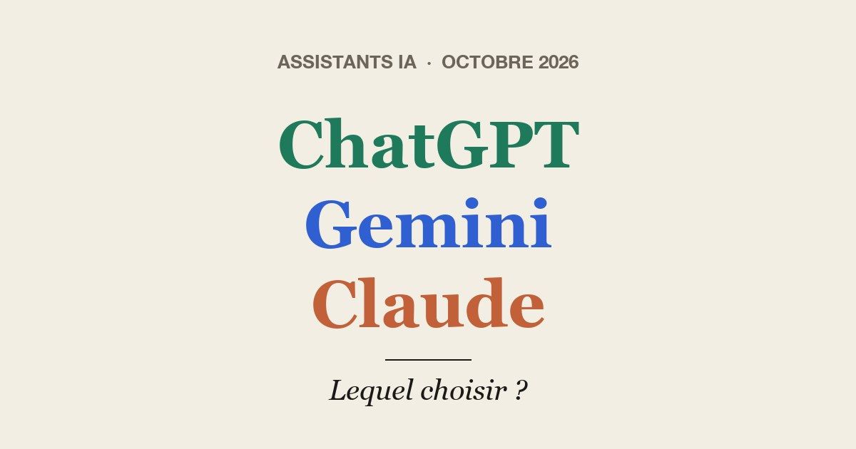 Les noms ChatGPT, Gemini et Claude écrits l’un sous l’autre en vert, bleu et orange sur fond crème, avec la question « Lequel choisir ? »