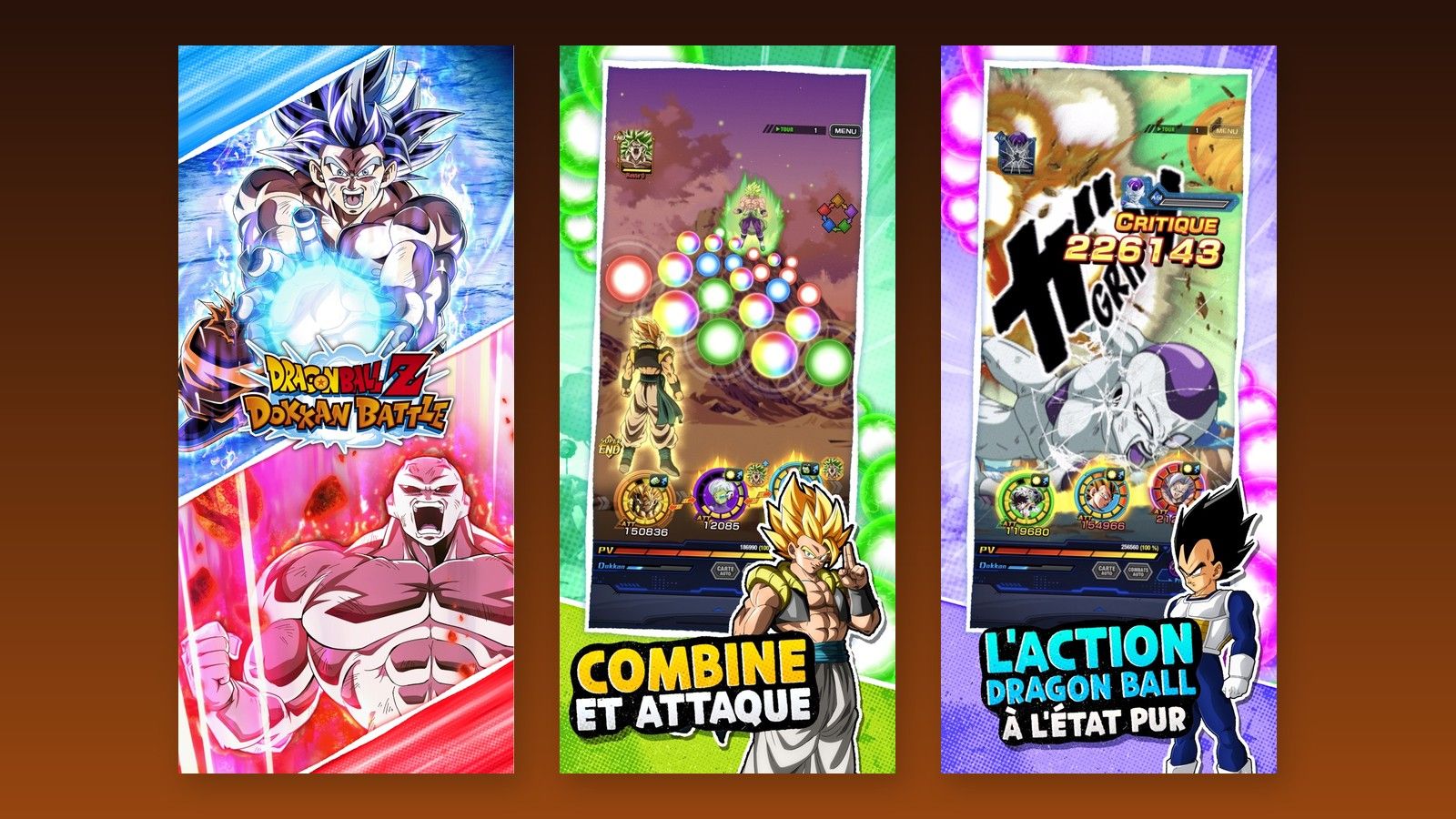 Trois écrans de Dragon Ball Z Dokkan Battle, avec Goku, Gogeta et Vegeta