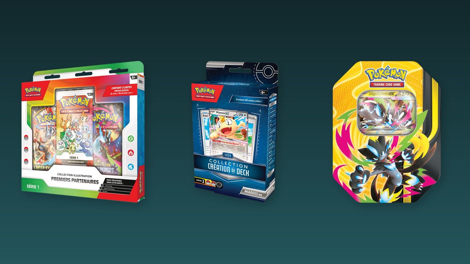 Trois produits du JCC Pokémon, la Collection Premiers Partenaires, la Collection Création de deck et une Boîte Méga Puissances