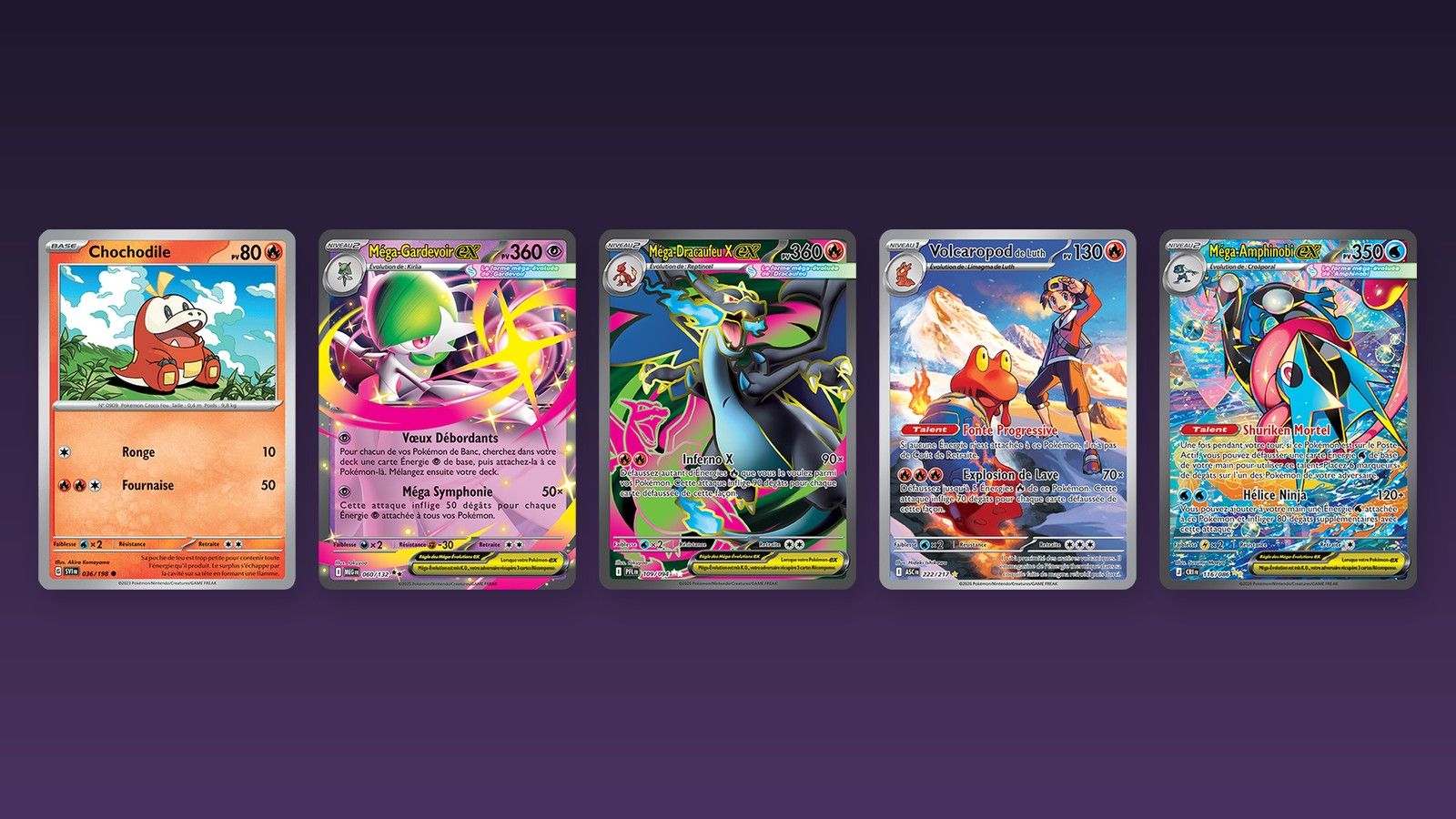 Cinq cartes Pokémon alignées, de la carte commune à l’illustration spéciale rare