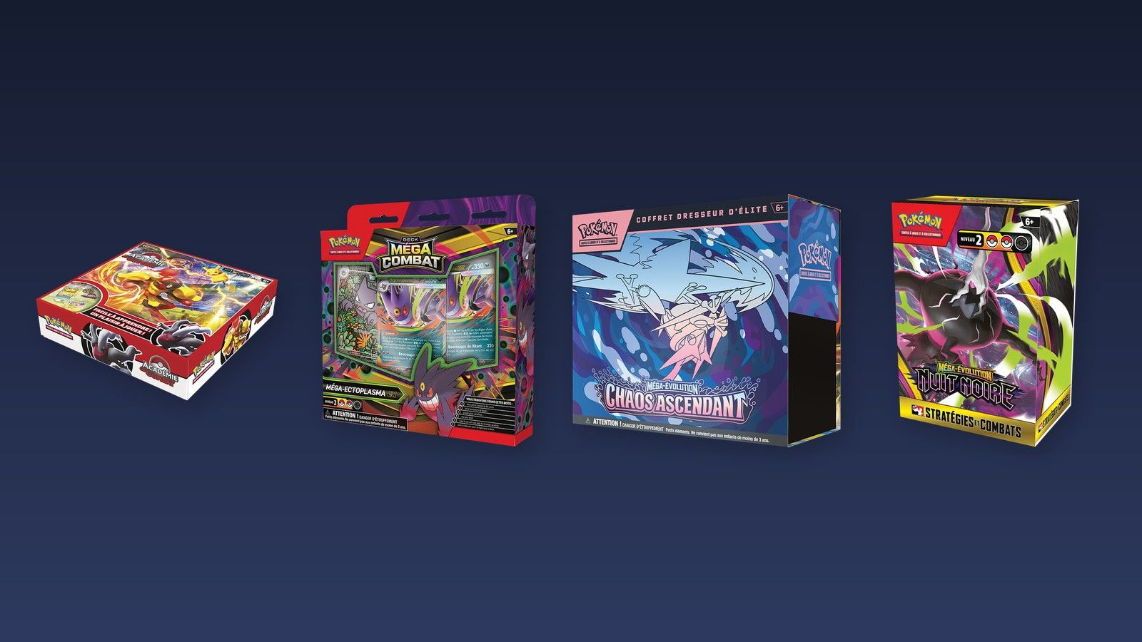 Quatre produits du JCC Pokémon alignés, de l’Académie de combat au Boîtier Stratégies et Combats