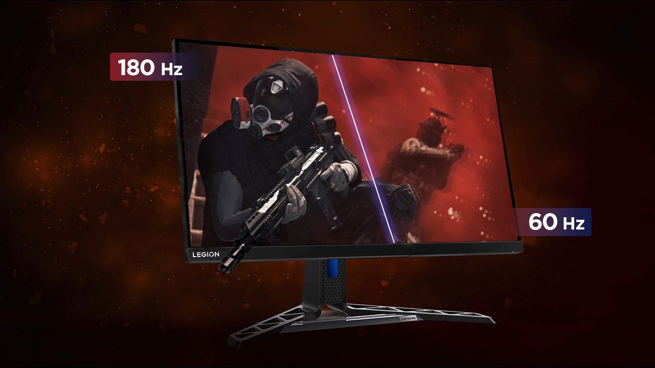 Un écran Legion affichant un personnage de jeu de tir, coupé en deux pour comparer 180 Hz et 60 Hz
