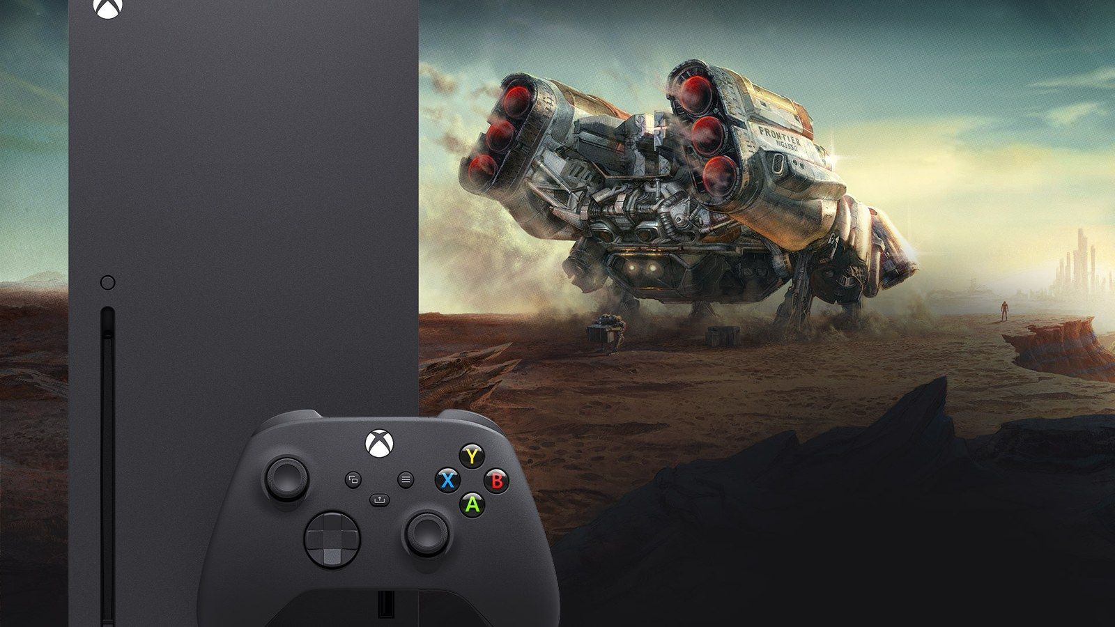Une Xbox Series X noire et sa manette, devant un visuel de vaisseau spatial posé dans un désert